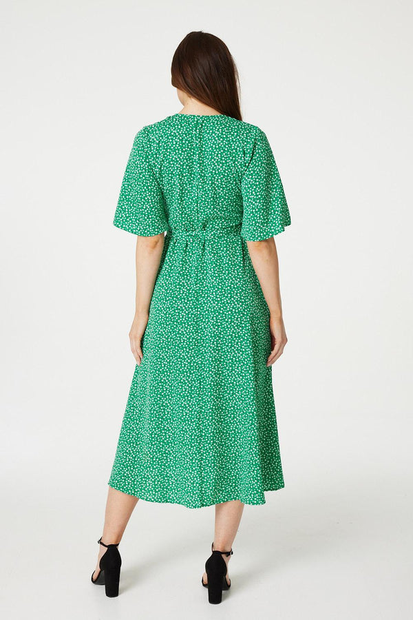 Green | Ditsy Floral Midi Wrap Tea Dress
