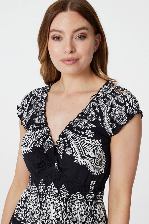 Black | Mosaic Print Cap Sleeve Maxi Dress