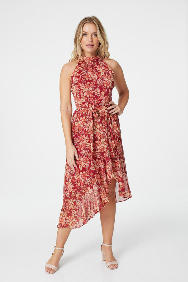 Red | Floral Halter Neck Midi Dress : Model is 5'10"/178 cm and wears UK8/EU36/US4/AUS8