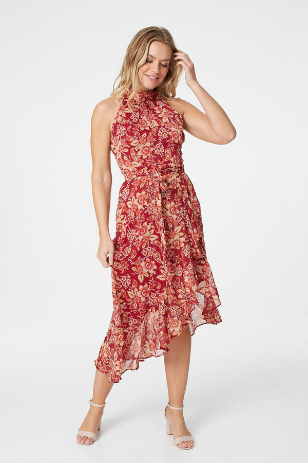 Red | Floral Halter Neck Midi Dress