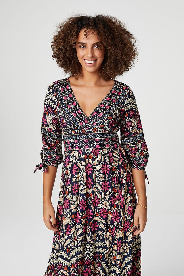 Navy | Vintage Floral 3/4 Sleeve Maxi Dress