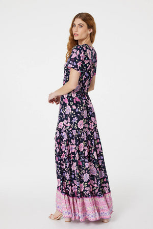 Navy | Floral V-Neck Tiered Maxi Dress