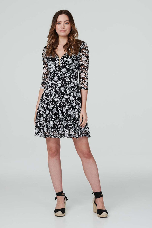 Black | Floral Zip Front Skater Dress