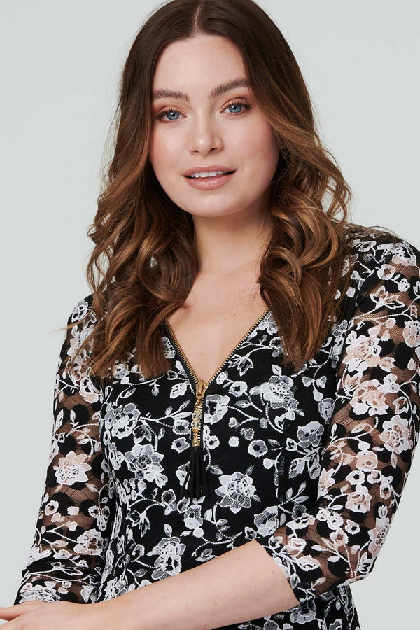 Black | Floral Zip Front Skater Dress