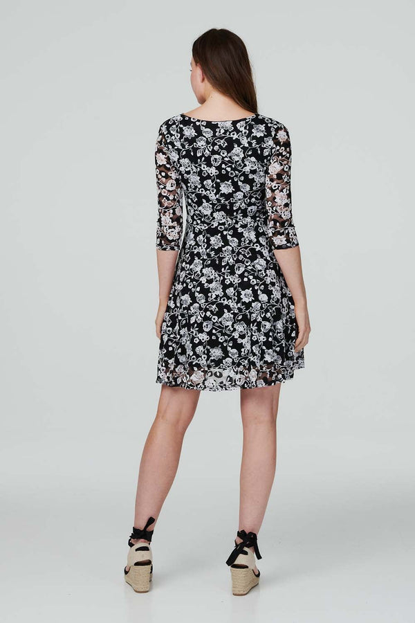 Black | Floral Zip Front Skater Dress