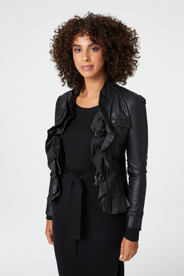 Black | Frilled Front Faux Leather Jacket