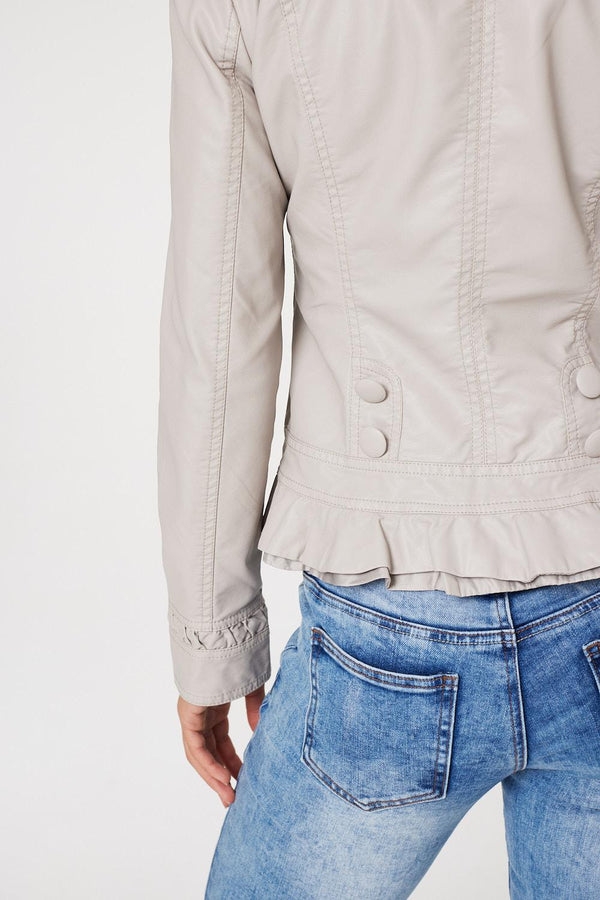 Stone | Frilled Front Faux Leather Jacket