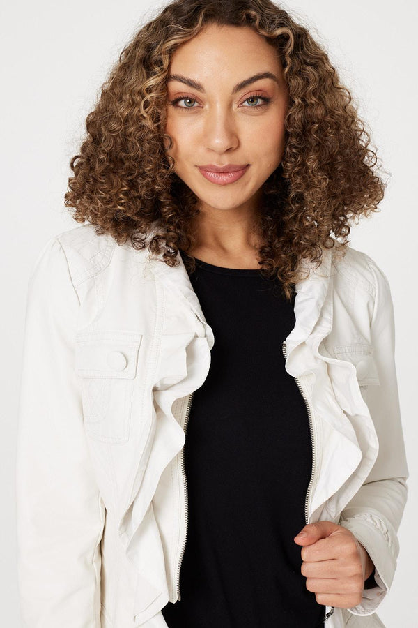 White | Frilled Front Faux Leather Jacket