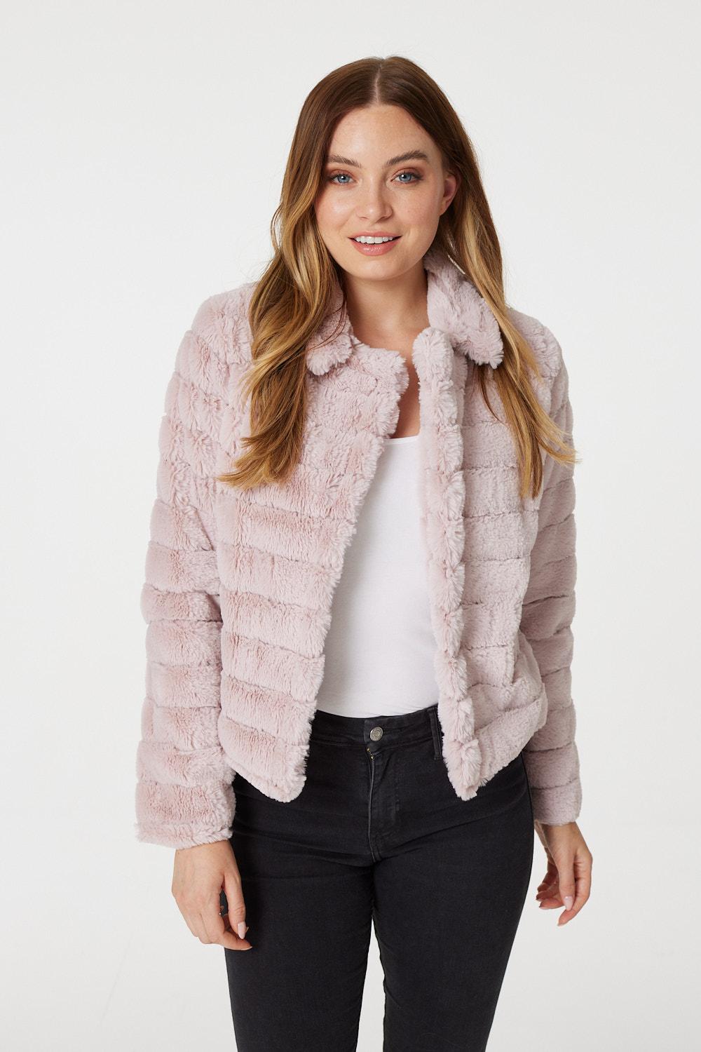Pink | Faux Fur Cropped Jacket : Model is 5'9"/175 cm and wears UK8/EU36/US4/AUS8