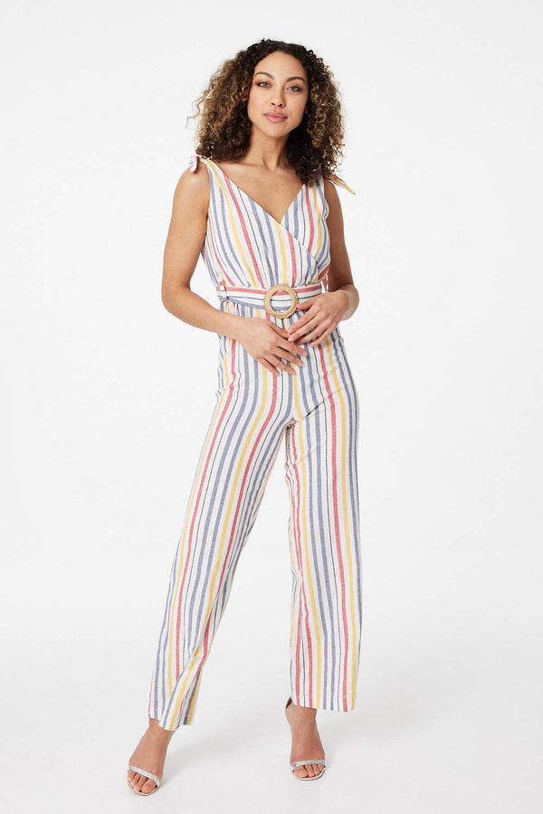 White | Striped Tie Waist Jumpsuit
