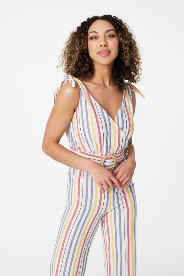 White | Striped Tie Waist Jumpsuit
