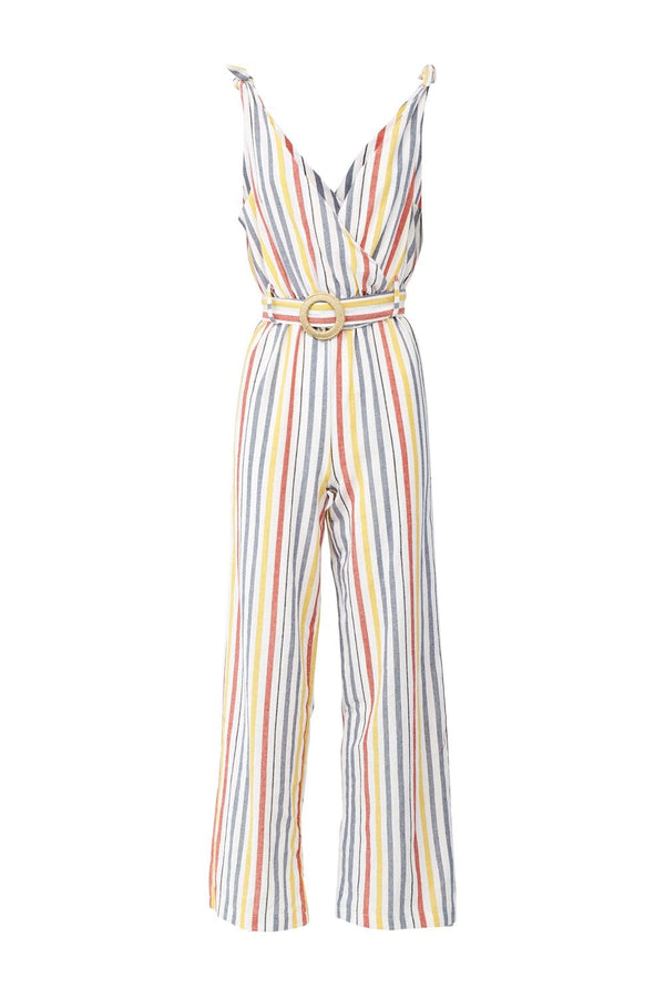 White | Striped Tie Waist Jumpsuit
