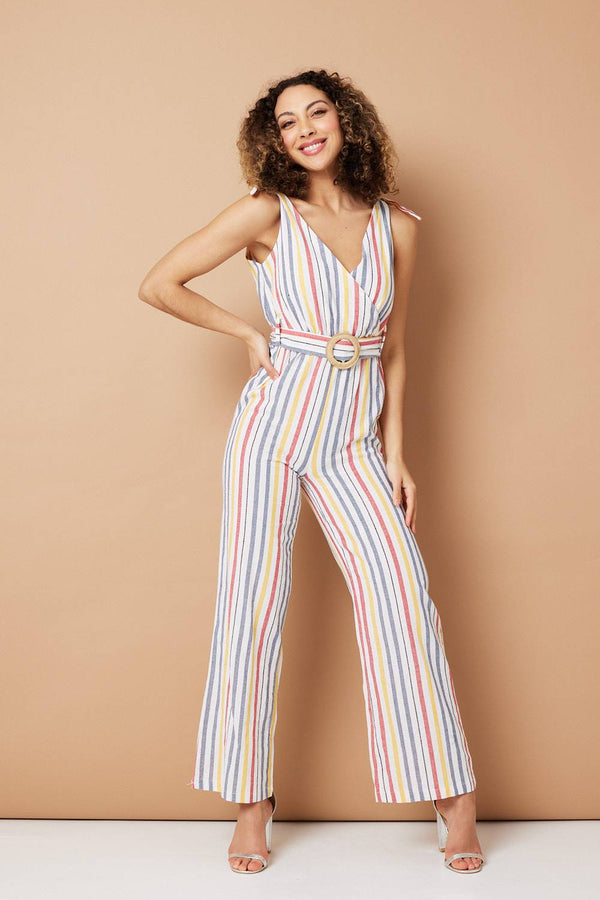 White | Striped Tie Waist Jumpsuit