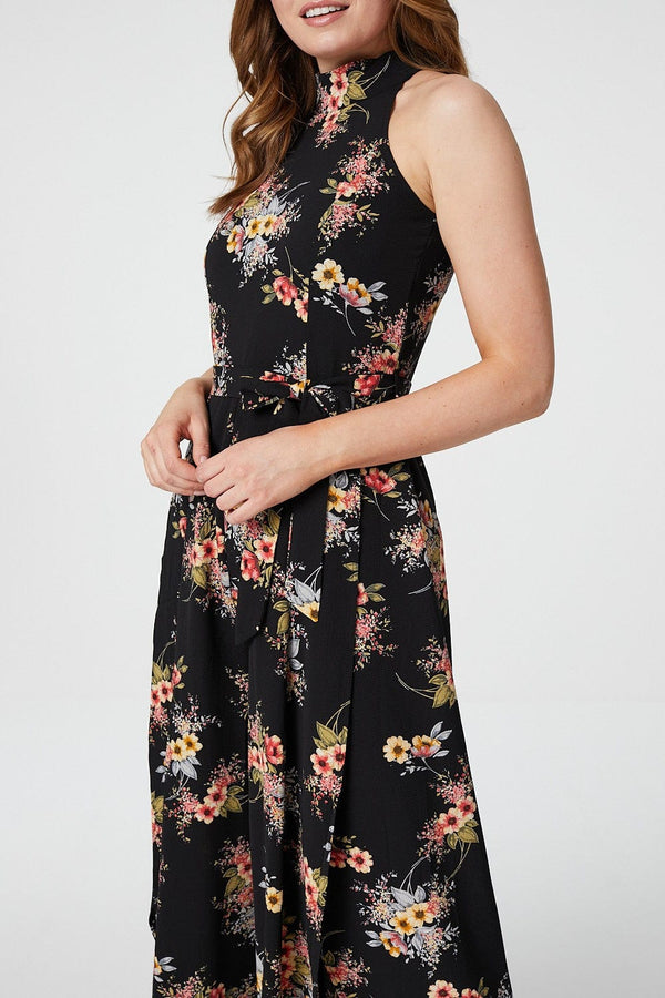 Black | Floral Sleeveless Split Leg Jumpsuit