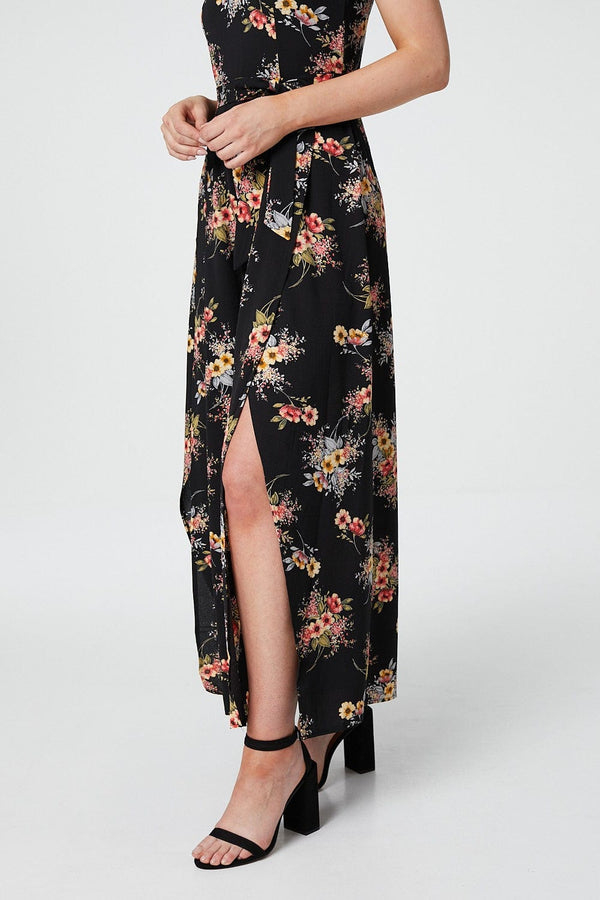 Black | Floral Sleeveless Split Leg Jumpsuit