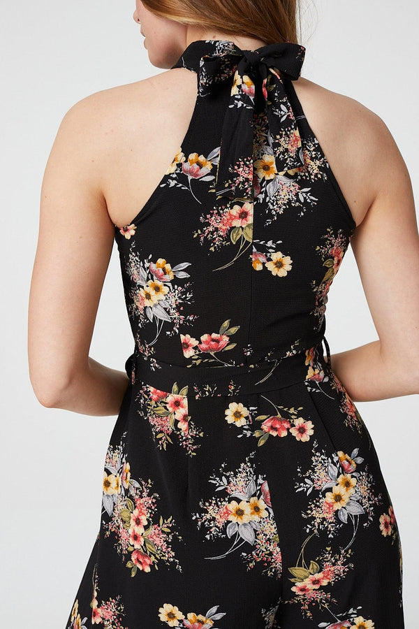 Black | Floral Sleeveless Split Leg Jumpsuit