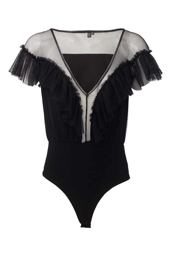Black | V-Neck Sheer Panel Bodysuit