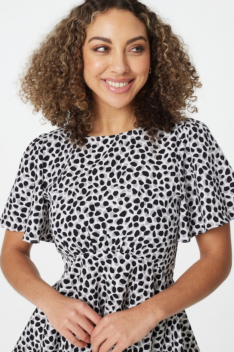 Grey | Ditsy Print Short Sleeve Peplum Top