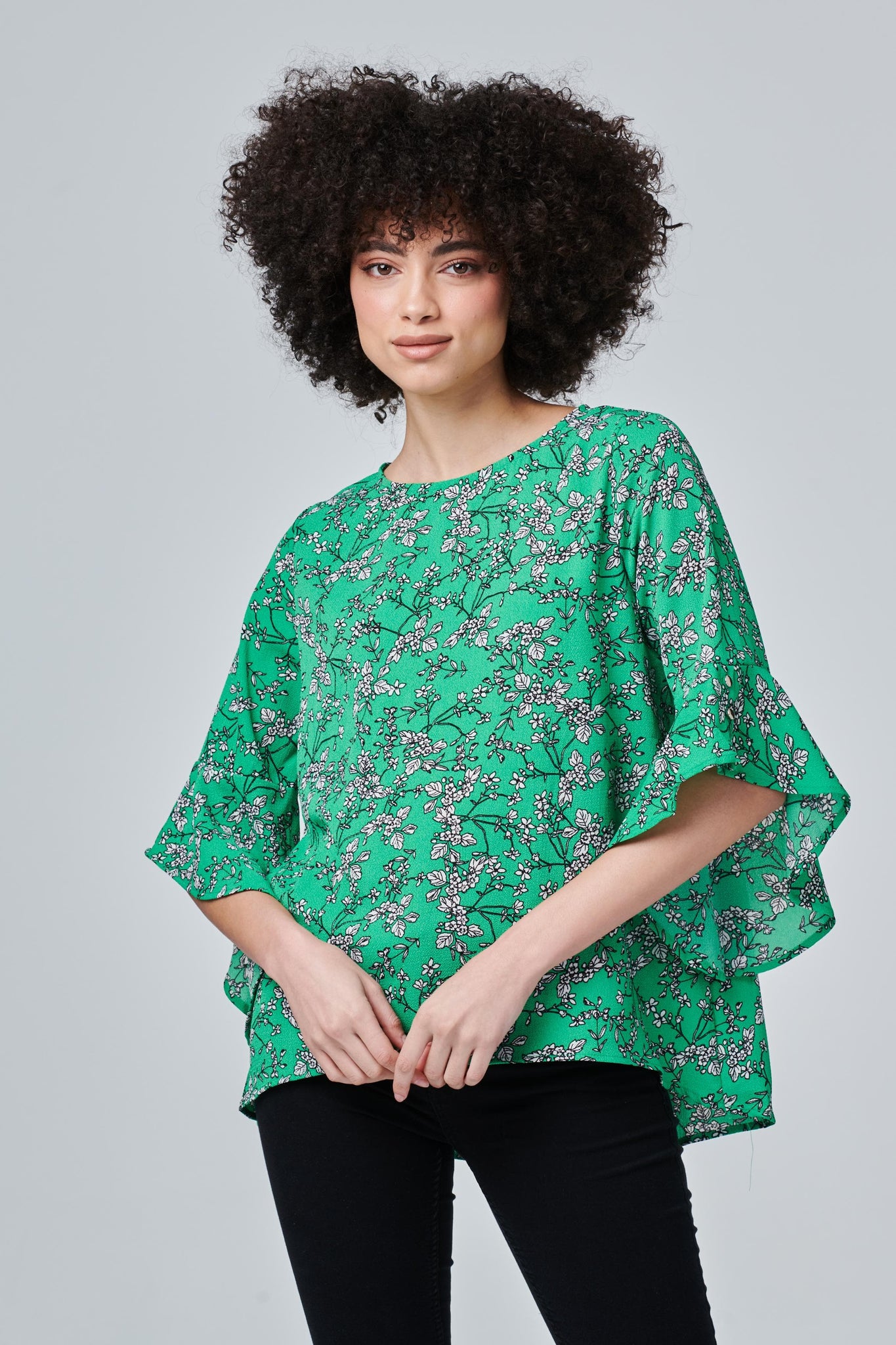 Green | Floral Flute Sleeve Top : Model is 5'8"/172 cm and wears UK8/EU36/US4/AUS8
