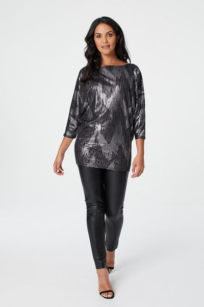 Silver Metallic 3 4 Sleeve Batwing Top