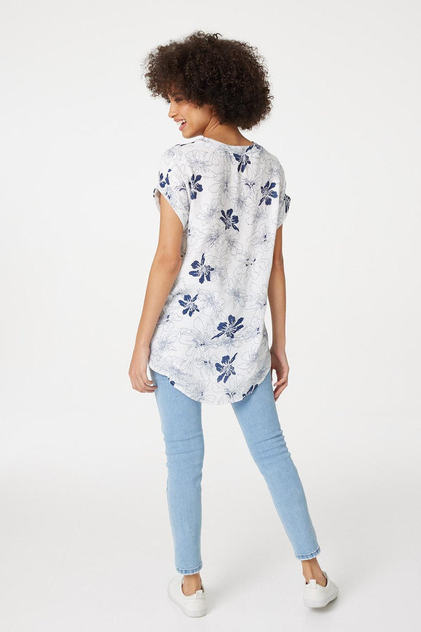 Navy | Floral Button Front Detail Blouse