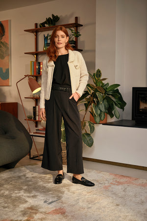 Cream | Textured Pocket Detail Crop Knit Jacket : Model is 5'9