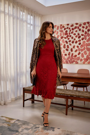 Red | Lace Semi Sheer 3/4 Flute Sleeve Midi Dress