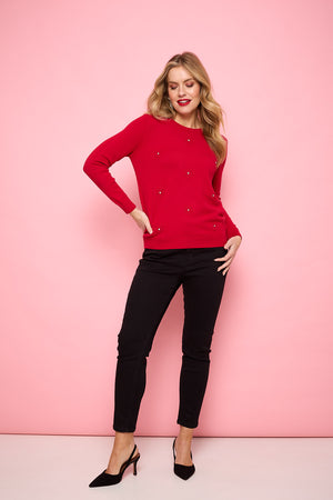 Red | Floral Gemstone Embellished Jumper : Model is 5'10