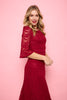 Red | Lace Semi Sheer 3/4 Flute Sleeve Midi Dress : Model is 5'10