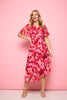 Red | Floral Asymmetric Ruffled Midi Dress : Model is 5'10
