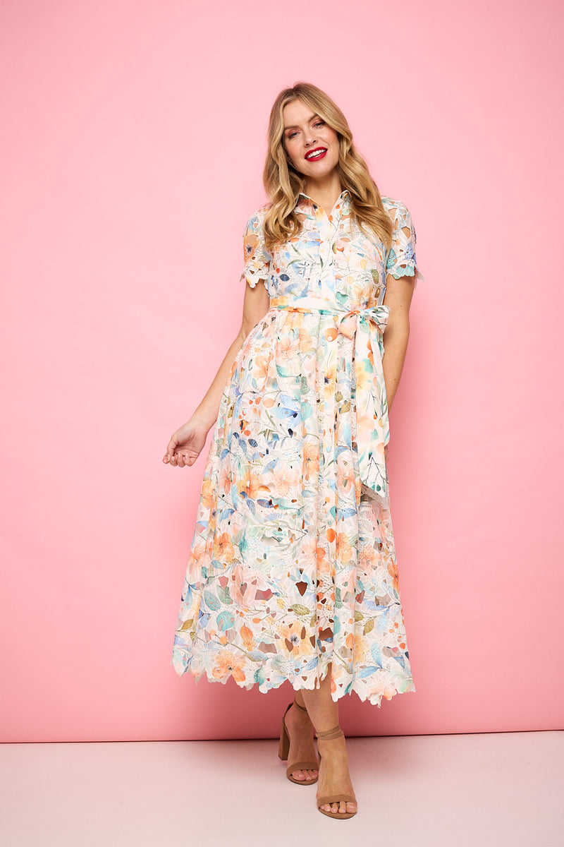 Floral Cut Out Tie Waist Midi Shirt Dress | Izabel London Floral Cut Out Tie Waist Midi Shirt Dress | Izabel London
