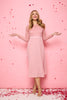 Pink | Lace Trim Pleated Long Sleeve Midi Dress : Model is 5'10