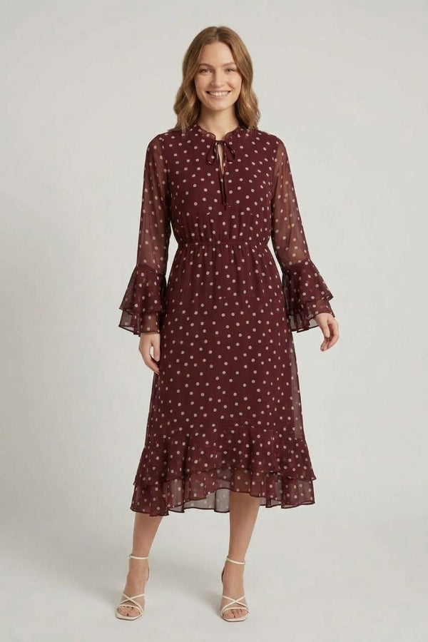 Burgundy | Polka Dot Frilled Semi Sheer Midi Dress