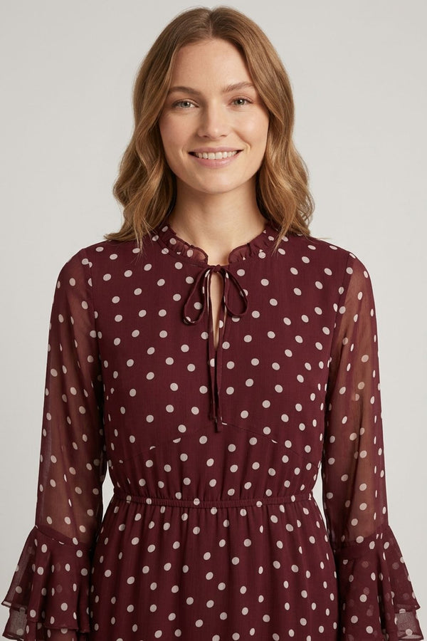 Burgundy | Polka Dot Frilled Semi Sheer Midi Dress