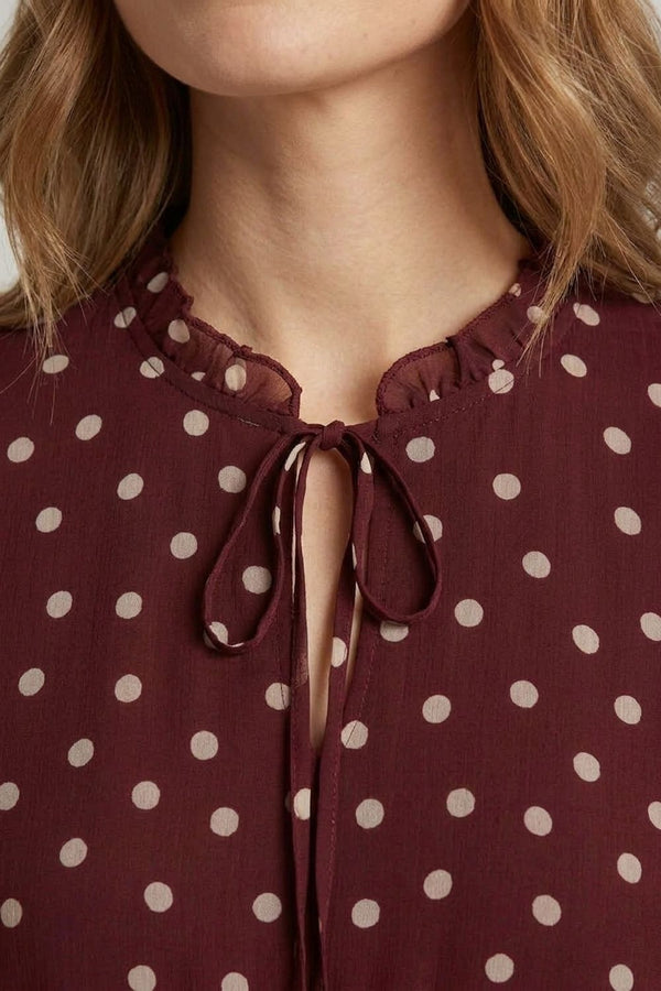 Burgundy | Polka Dot Frilled Semi Sheer Midi Dress