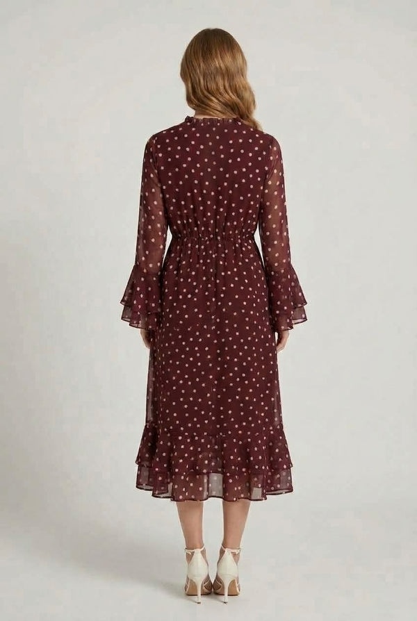 Burgundy | Polka Dot Frilled Semi Sheer Midi Dress