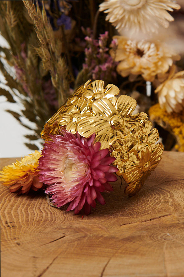Gold | Floral Textured Metallic Wide Bracelet