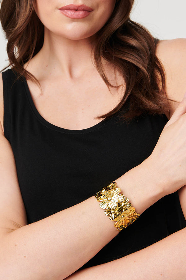 Gold | Floral Textured Metallic Wide Bracelet