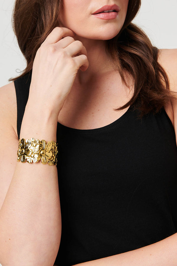 Gold | Floral Textured Metallic Wide Bracelet