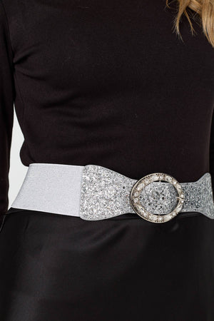 Silver | Sparkly Embellished Metallic Buckle Belt
