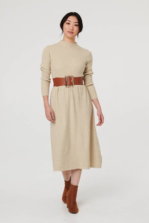 Beige | Textured High Neck Midi Jumper Dress : Model is 5'9
