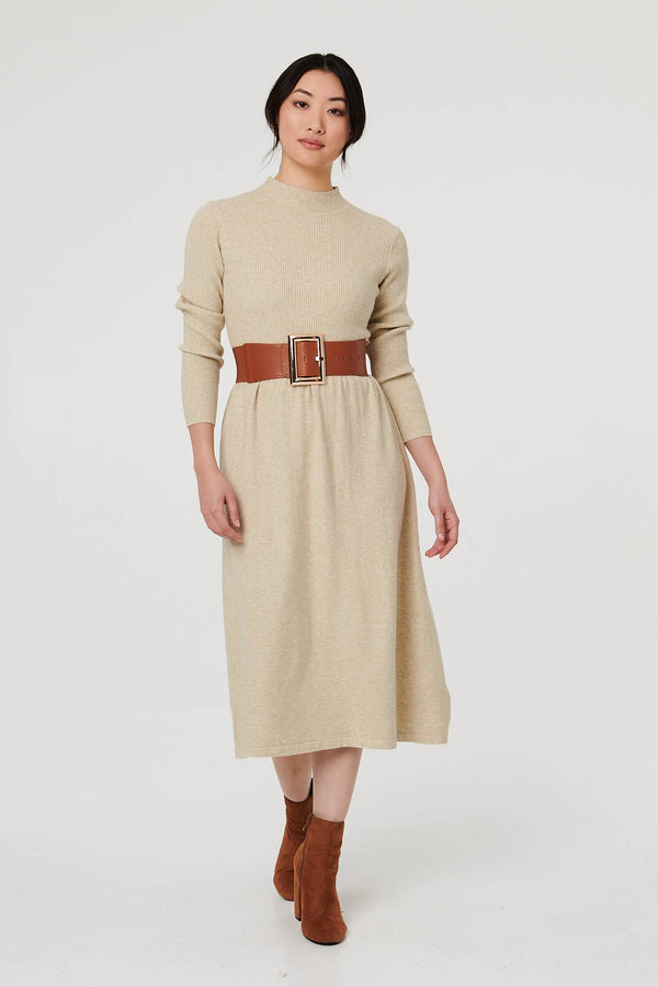 Beige | Textured High Neck Midi Jumper Dress : Model is 5'9"/175 cm and wears UK8/EU36/US4/AUS8