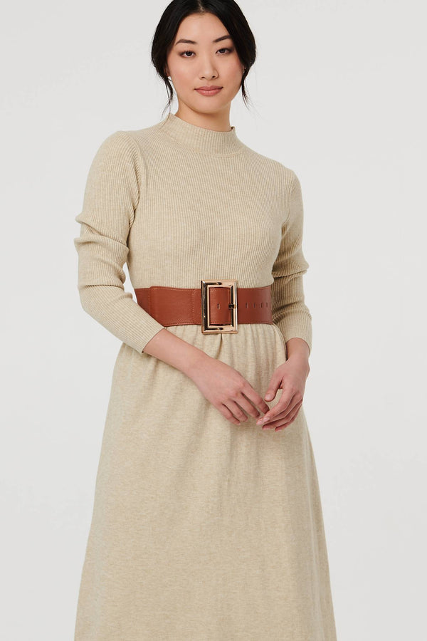 Tan | Rectangle Buckle Stretch Wide Belt
