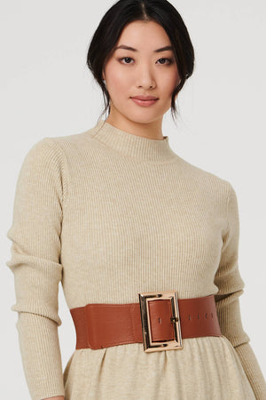 Tan | Rectangle Buckle Stretch Wide Belt : Model is 5'9