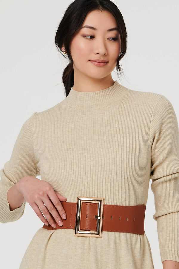 Tan | Rectangle Buckle Stretch Wide Belt
