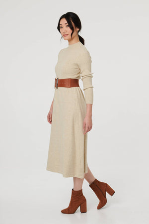 Beige | Textured High Neck Midi Jumper Dress