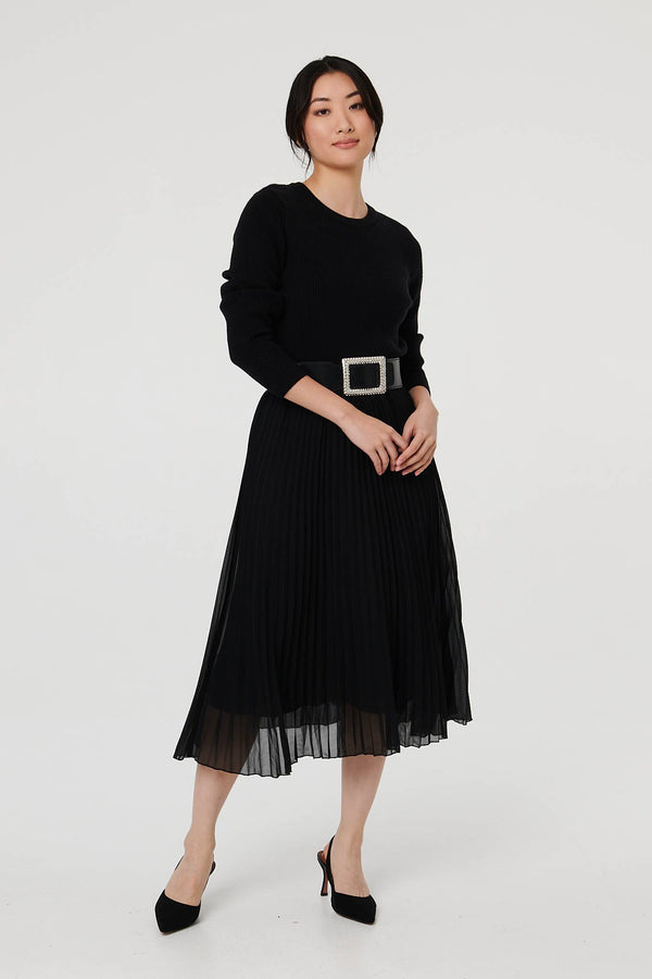 Black | Diamante Buckle Stretch Wide Belt
