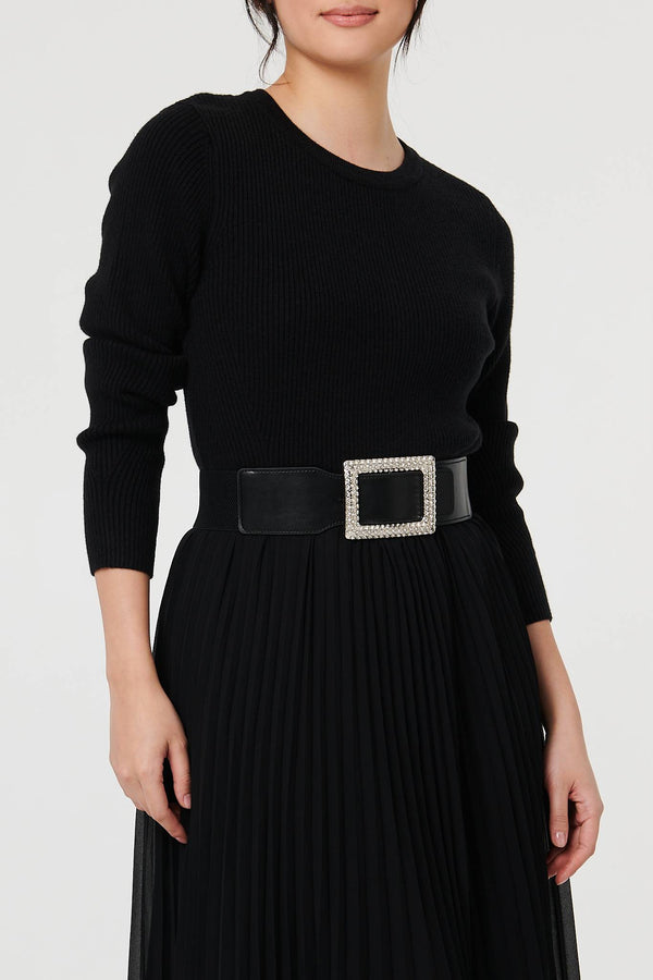 Black | Diamante Buckle Stretch Wide Belt

