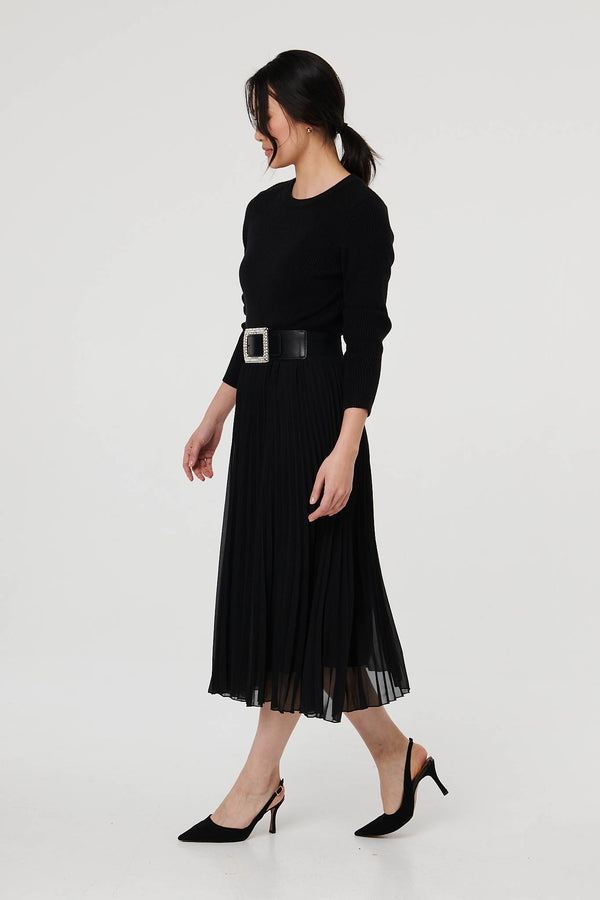 Black | Diamante Buckle Stretch Wide Belt
