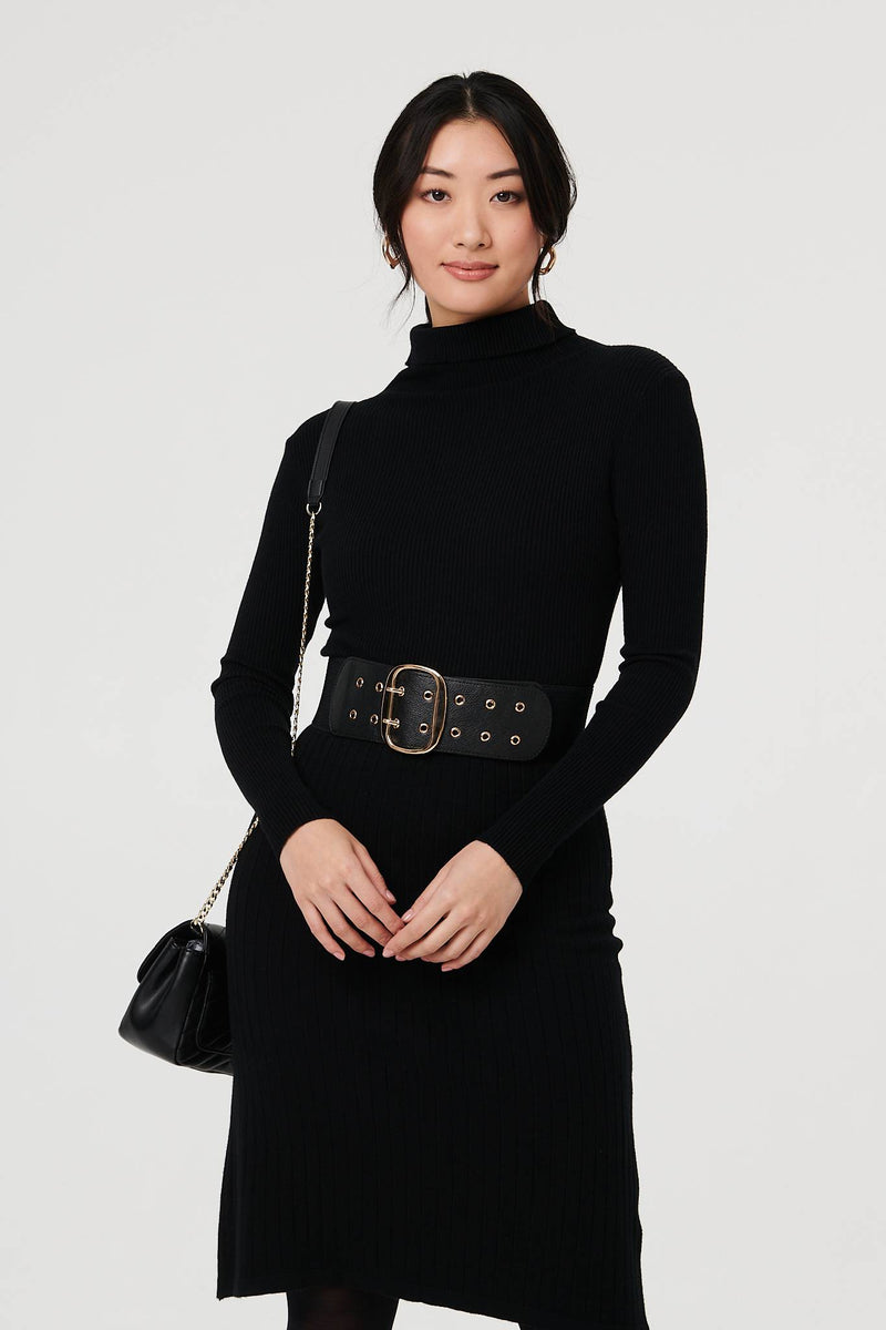 Black | Oval Double Eyelet Stretch Wide Belt
